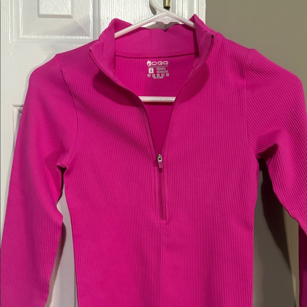 💖 OQQ Women’s Ribbed Zip Front Bodysuit Small Hot Pink Long Sleeve - Picture 3 of 12